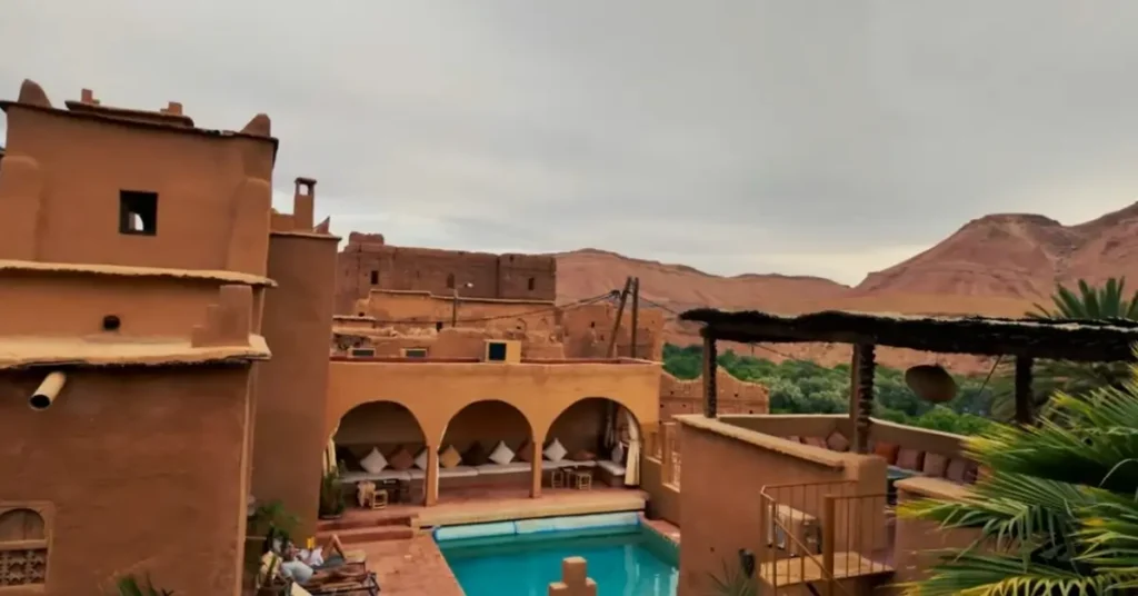 Rooftop terrace and pool view overlooking Ait Ben Haddou and surrounding mountains