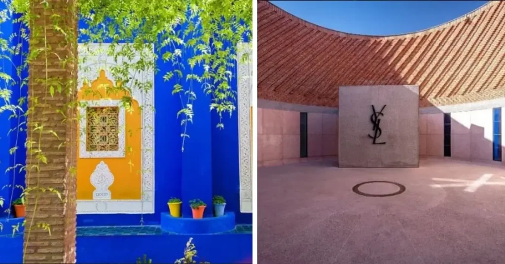 Vibrant blue wall of Majorelle Garden with colorful pots and Moroccan carving Marrakech Morocco Tours