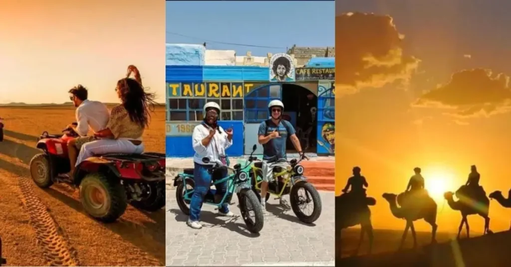 Morocco group tours featuring ATV desert rides, e-bikes in Essaouira, and camel treks at sunset