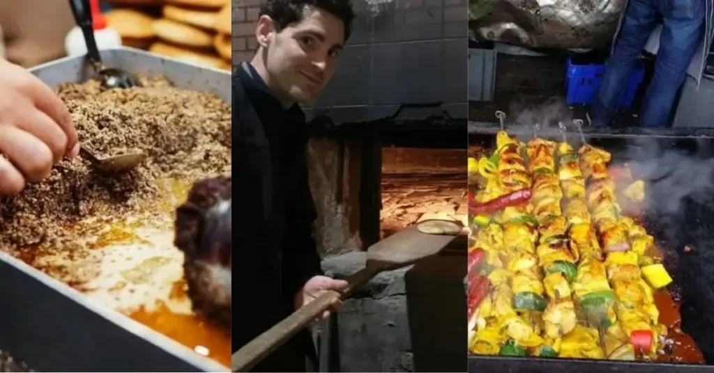 Traditional Moroccan food preparation: mechoui, oven baking, and grilled skewers