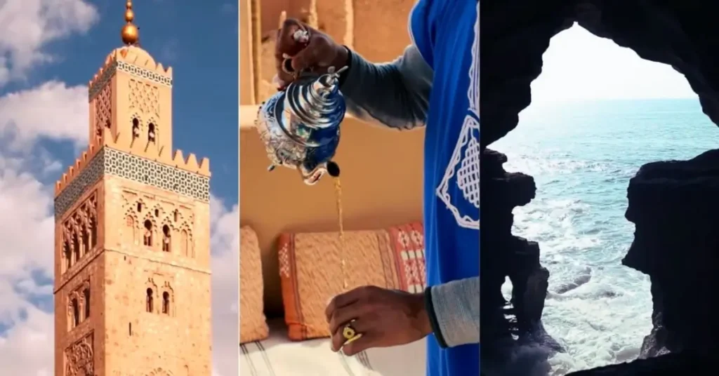 Moroccan mint tea pouring, mosque architecture, and Atlantic cave