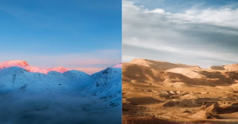Snowy Atlas Mountains and golden Sahara Desert in Morocco side by side